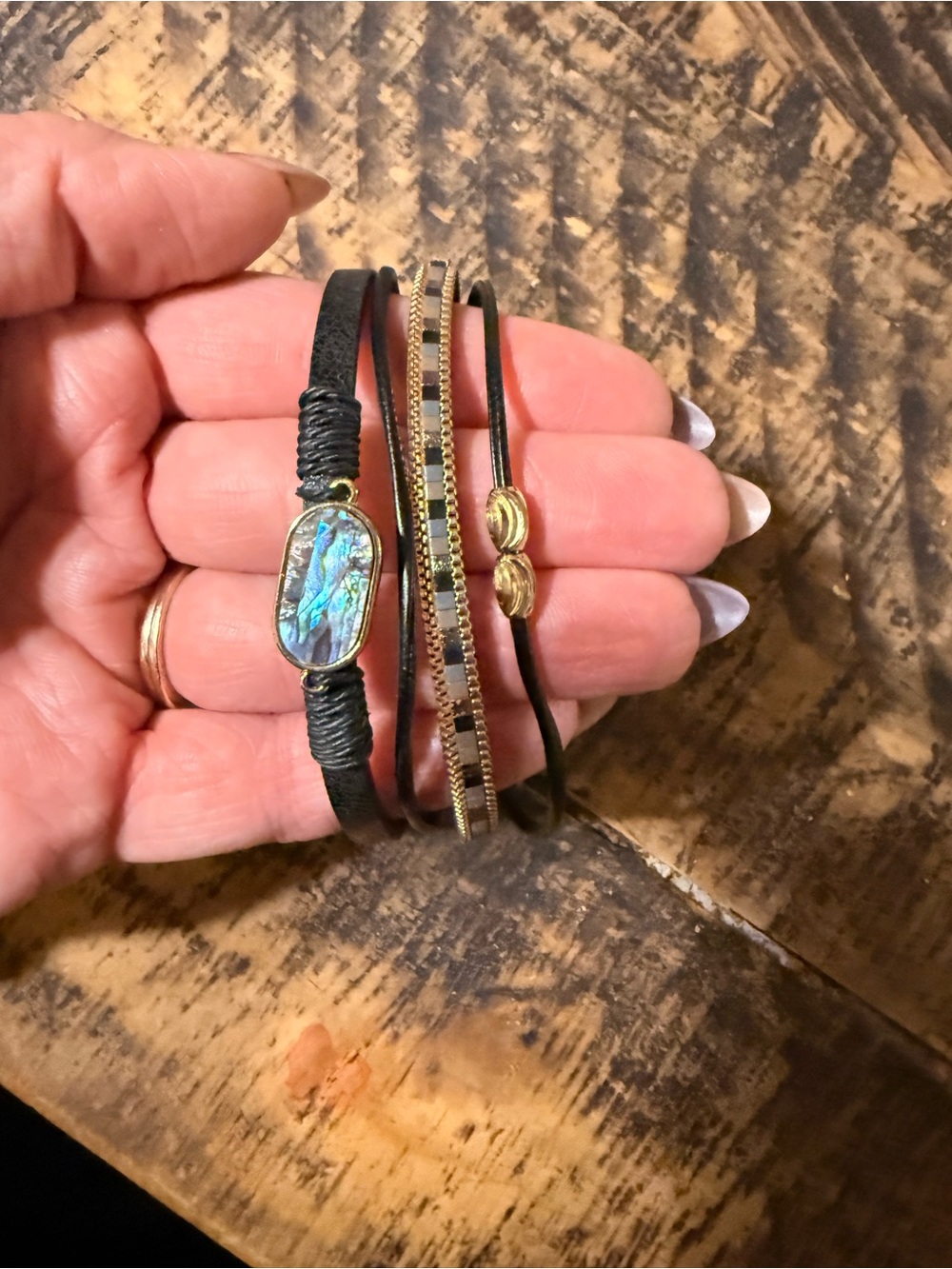 Handcrafted Black Leather Multi-Strand Abalone Bracelet with Gold Accents